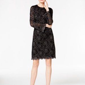Black Metallic Bell Sleeves Flocked Lace Dress